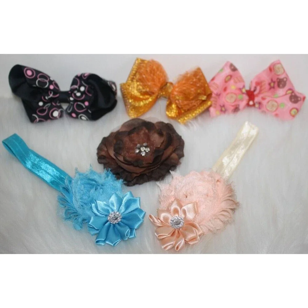 Lot Of Toddler Girls Stretch Headbands & Flower Clips Black Cream Blue Pink NWOT